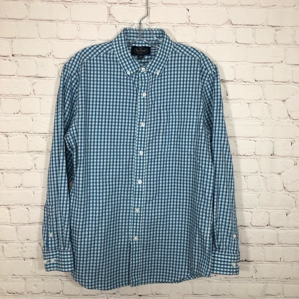 Nat Nast Shirt Mens Medium Blue White Plaid Button Up